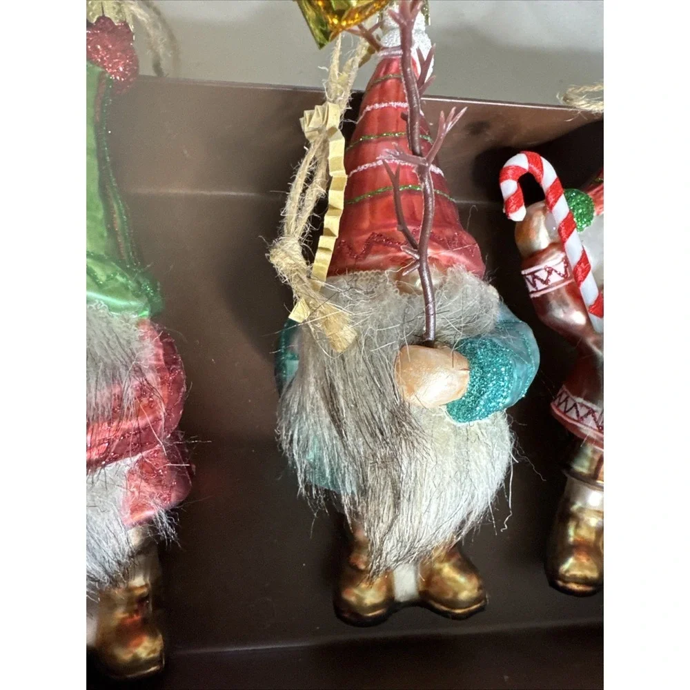 POTTERY BARN - New Mercury Glass GNOME Ornament w/ Faux Fur Beard - Set Of 5
